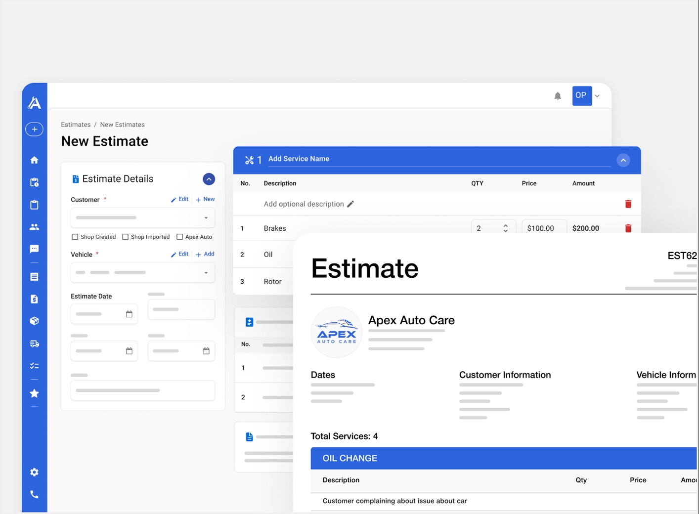 New estimate screen with itemised estimate preview and PDF email preview