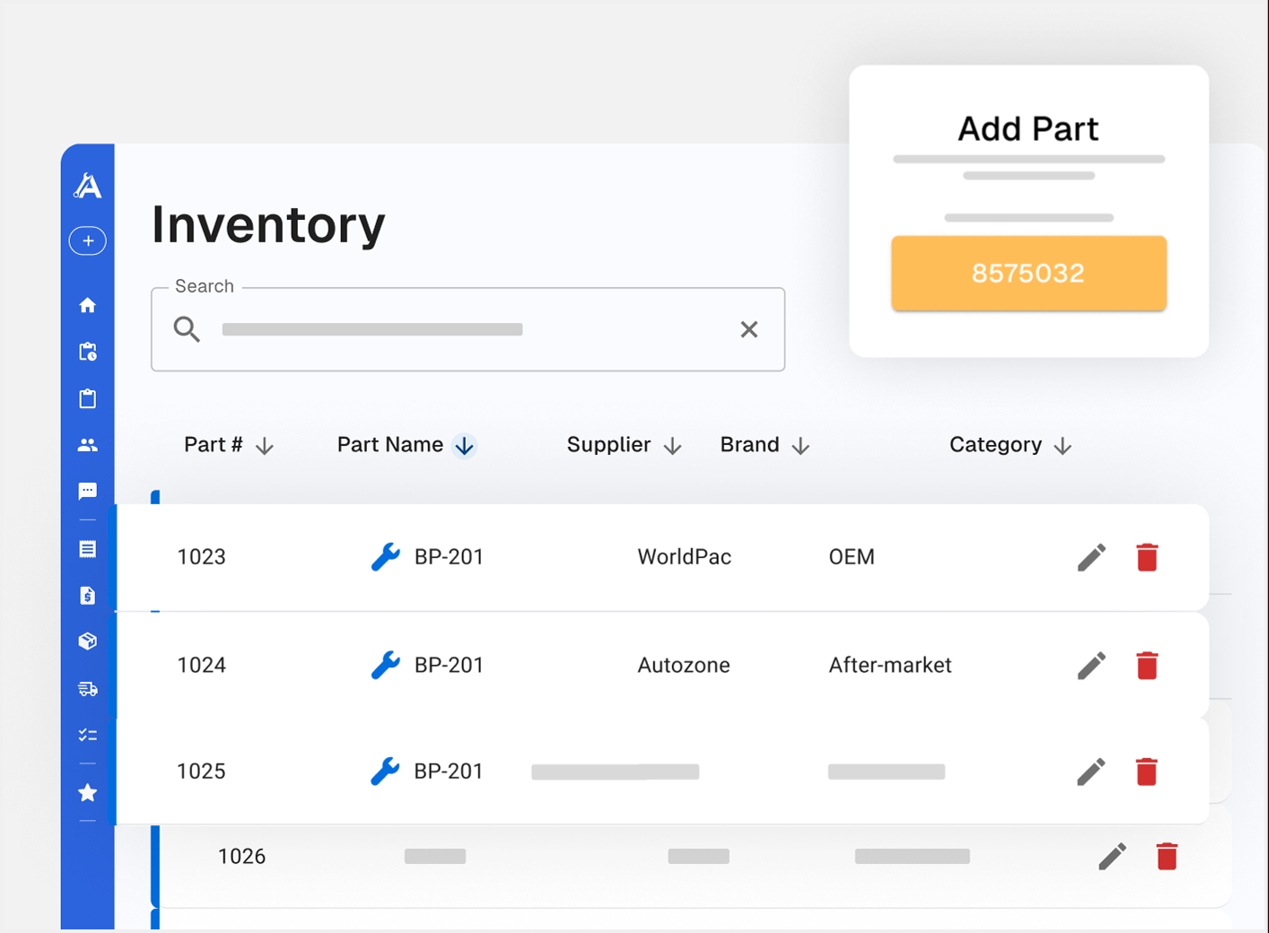 Inventory table showing parts, suppliers, brands and stock levels