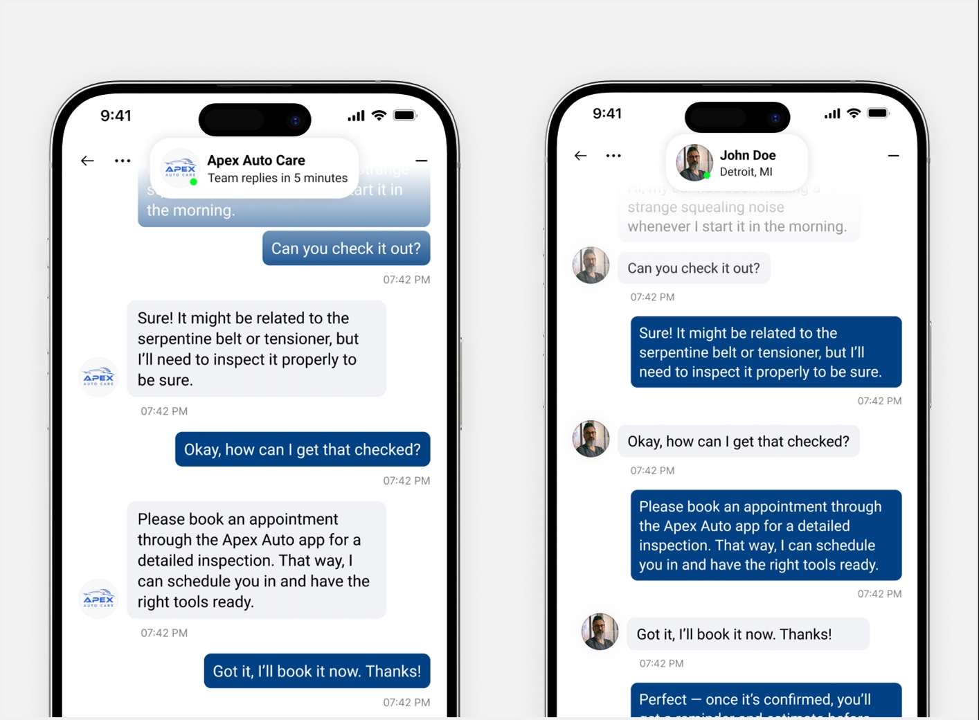Two-way SMS chat between a workshop and a customer on mobile