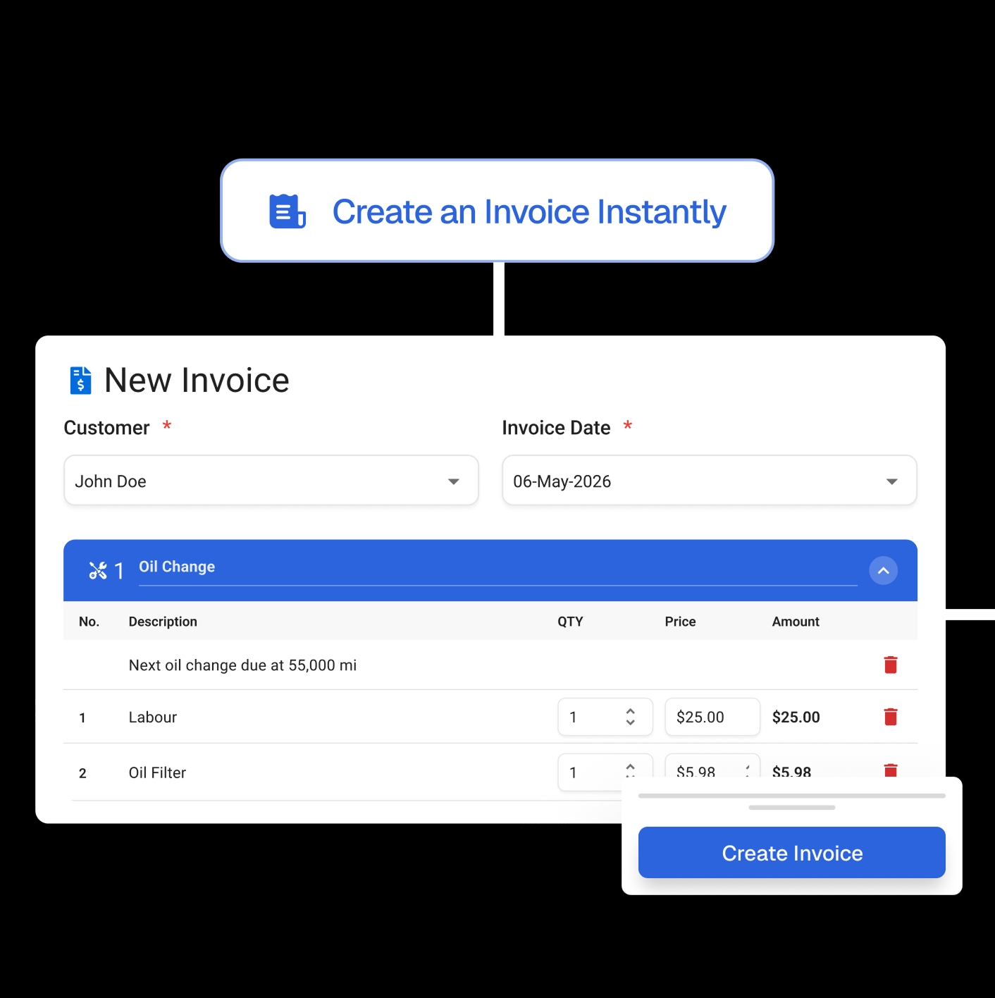 The invoices dashboard lists every repair order and its status