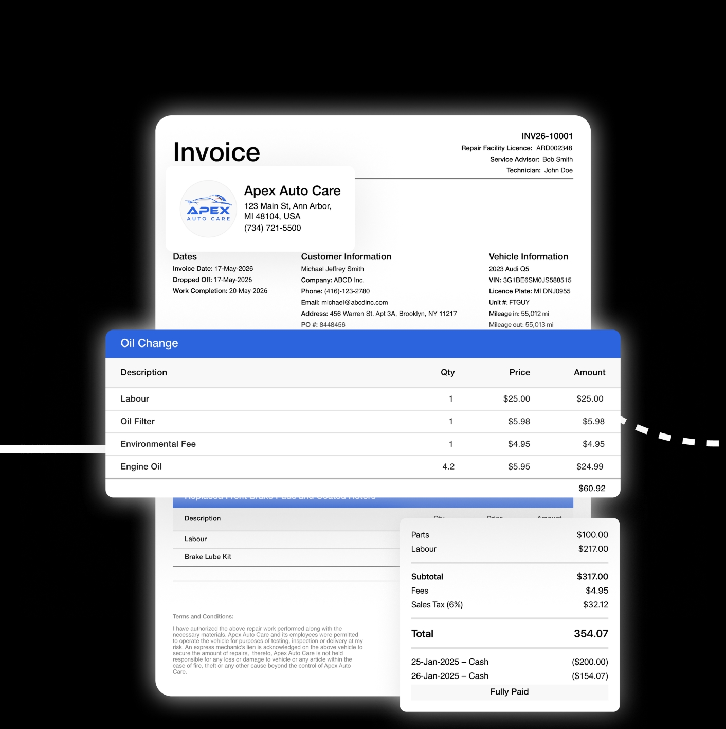 A detailed, itemized invoice for the completed work