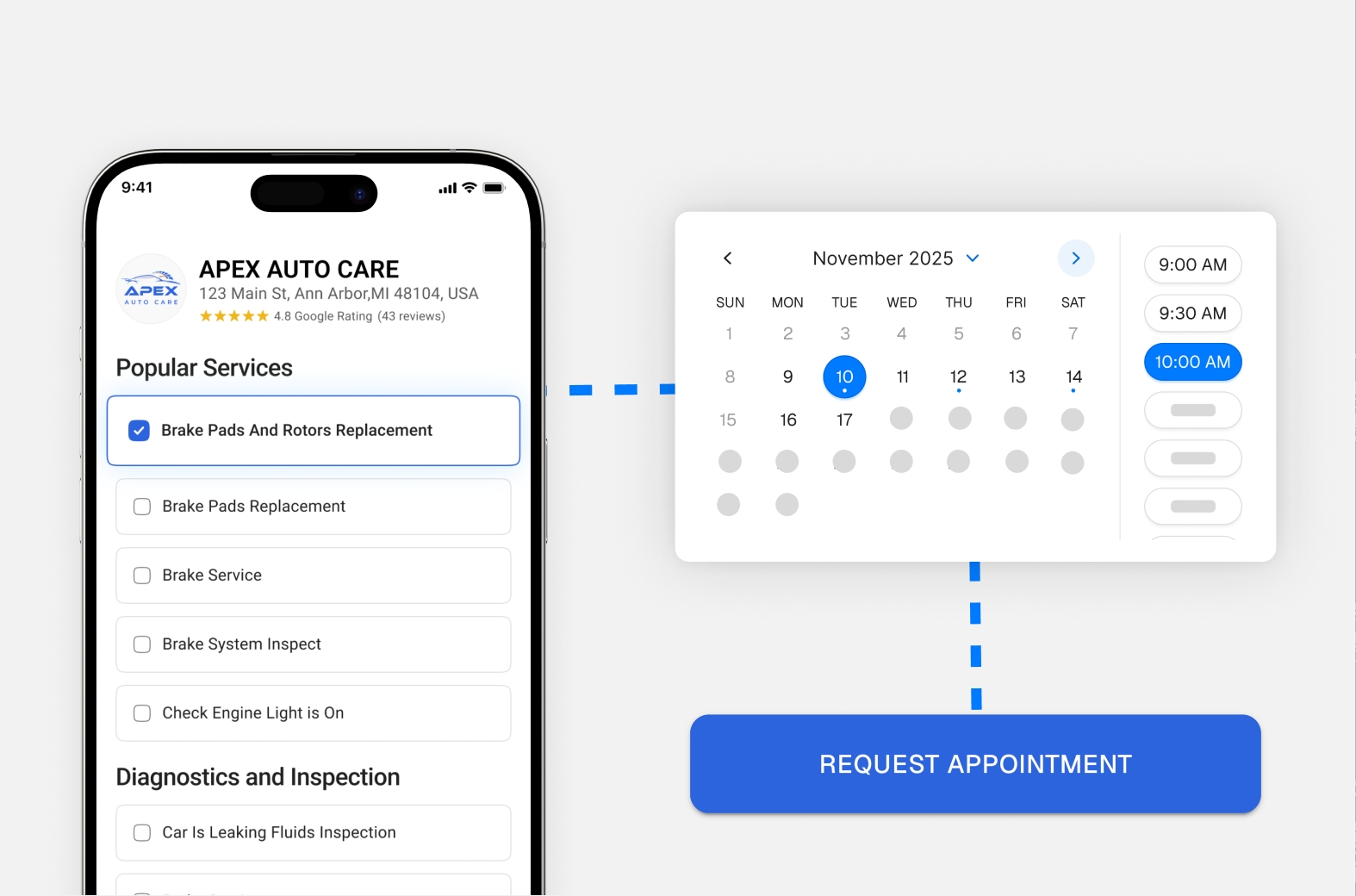 Online booking calendar shown on a mobile app
