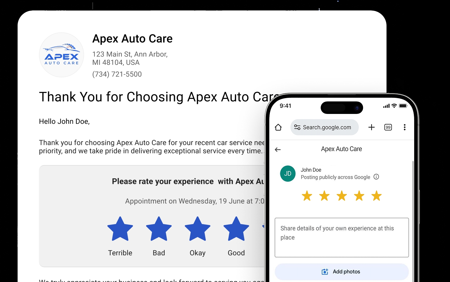 Customer review request email with a five-star rating selector