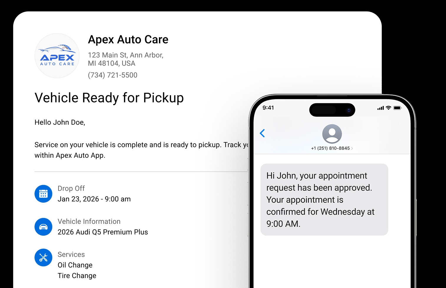 Vehicle-ready appointment reminder email and mobile notification