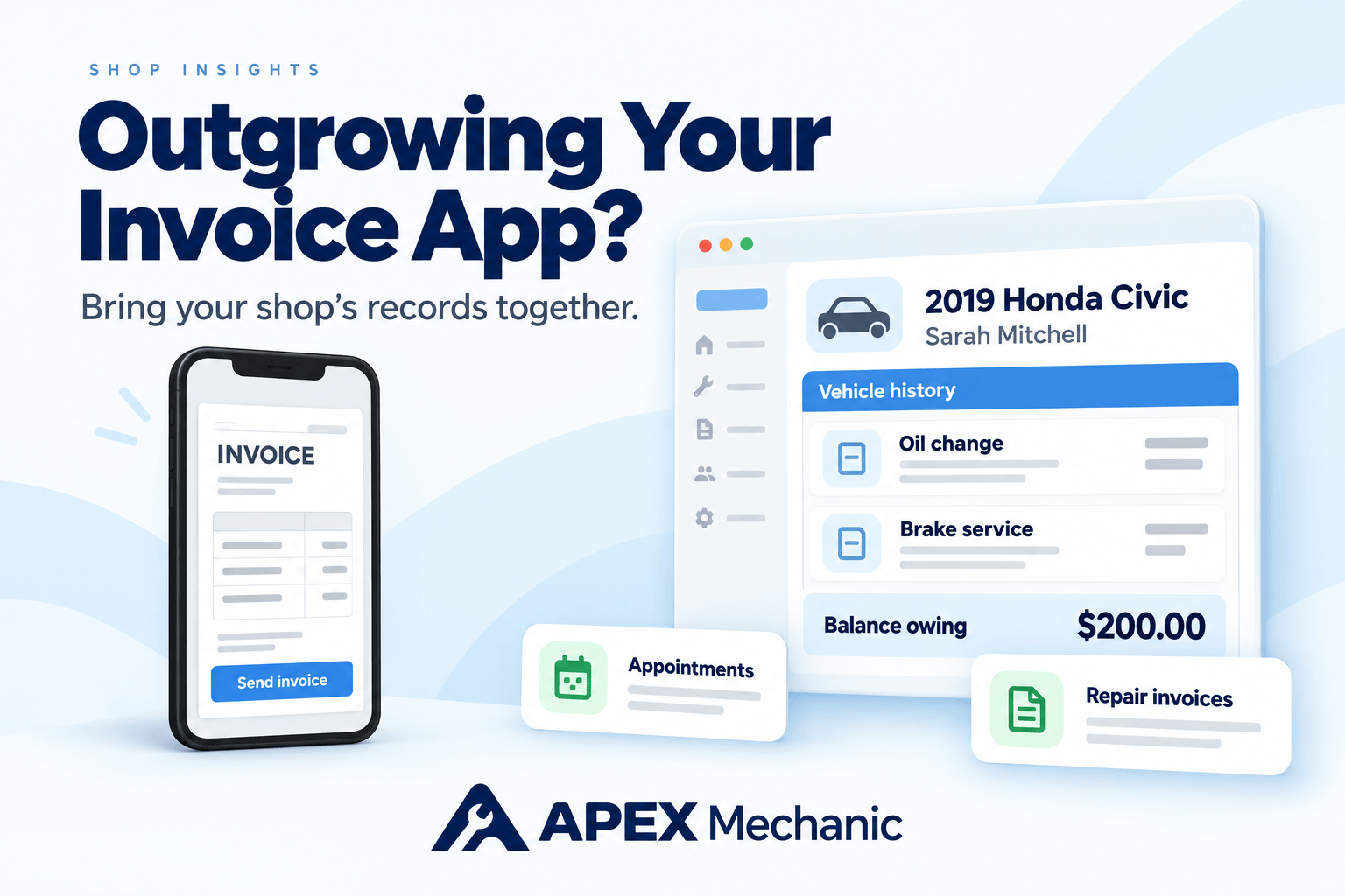 Invoice app beside an illustrated repair-shop system showing vehicle history, appointments, repair invoices, and an outstanding balance.
