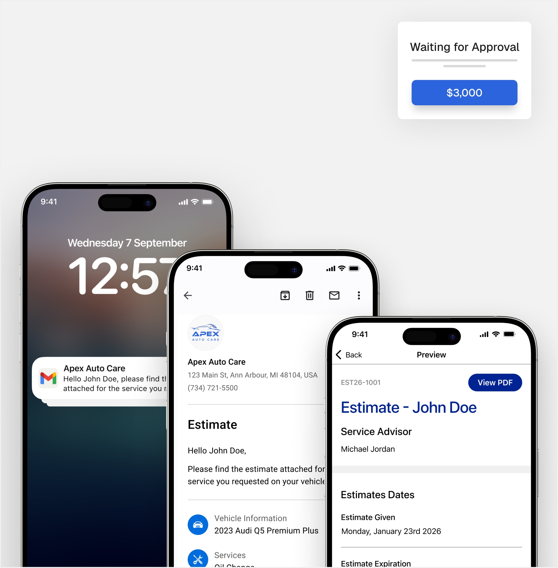 Apex Mechanic estimate flow on iPhone — lock-screen notification, estimate email, and estimate preview, with a "$3000 Sent" status card
