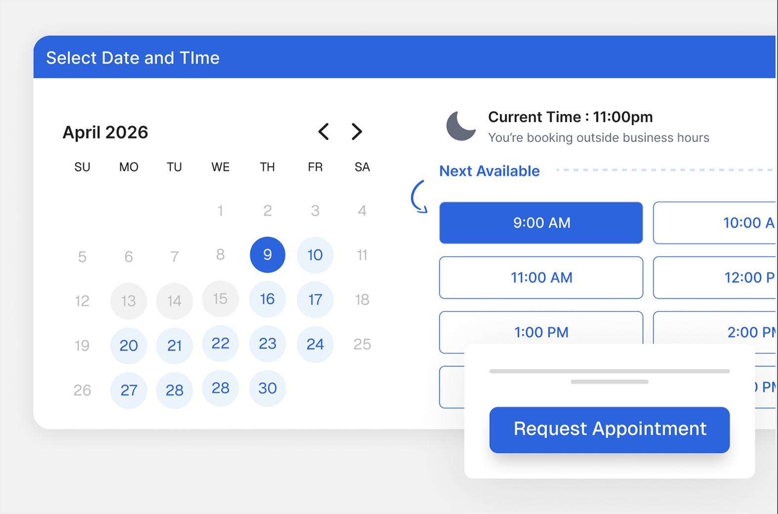 Apex booking calendar showing next available appointment slots