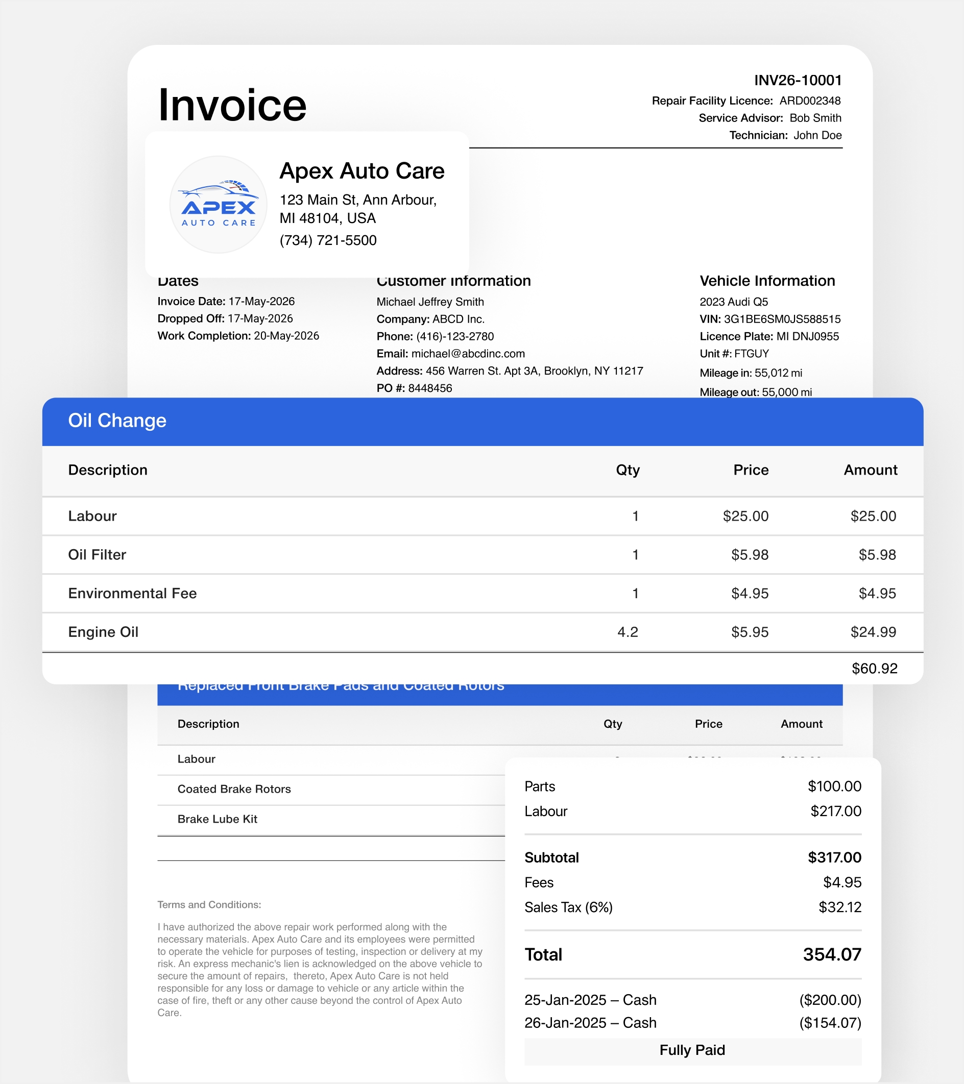 Stacked professional invoice documents created by Apex Mechanic