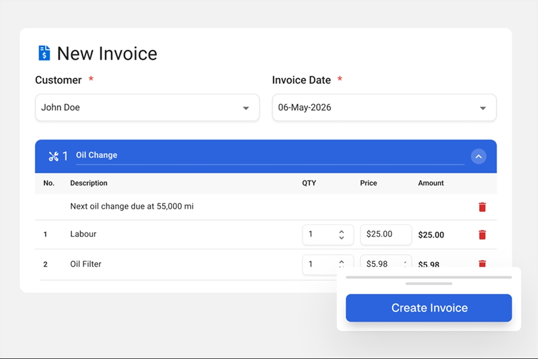 Creating a new invoice in the Apex Mechanic dashboard