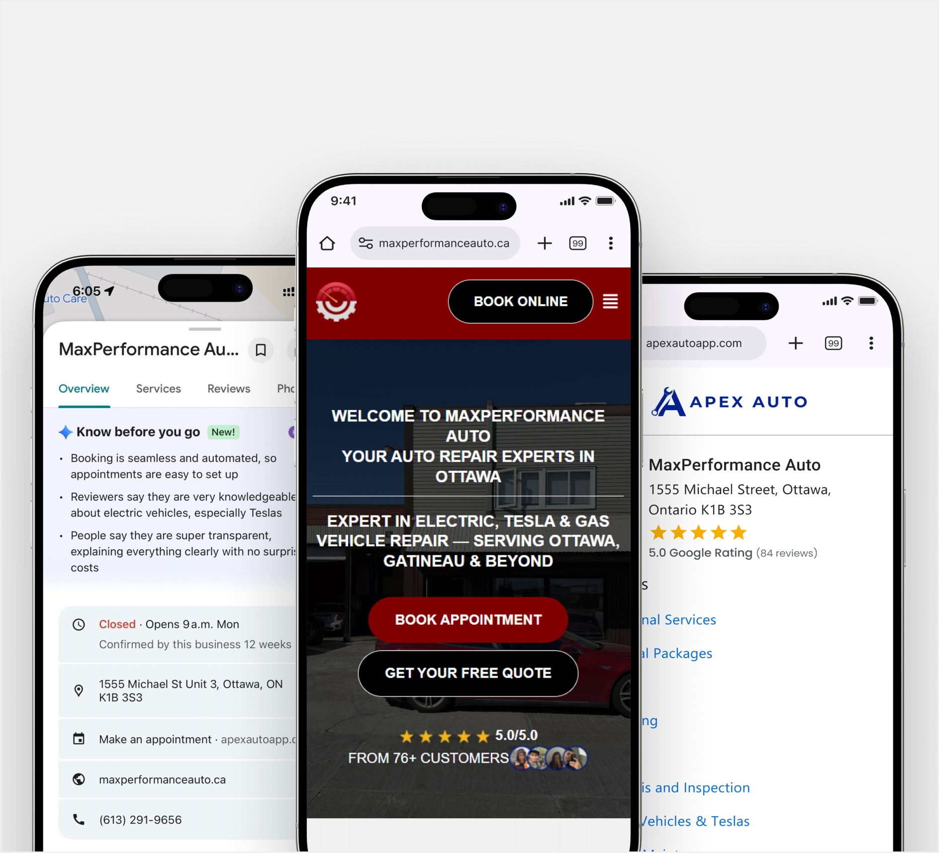 MaxPerformance Auto on website, Google Business profile and booking page on phones
