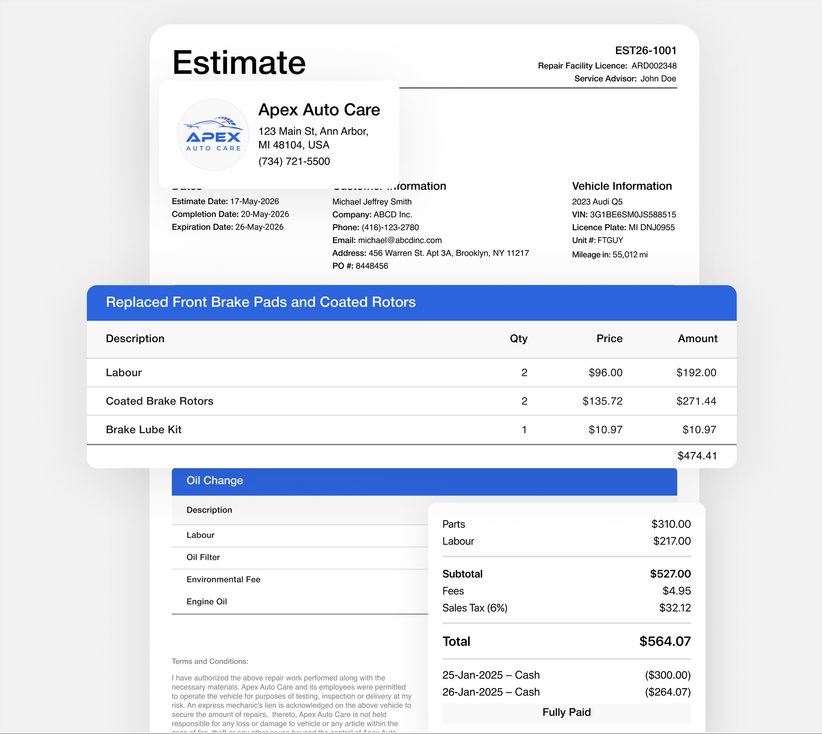 Stacked itemized estimate documents created by Apex Mechanic