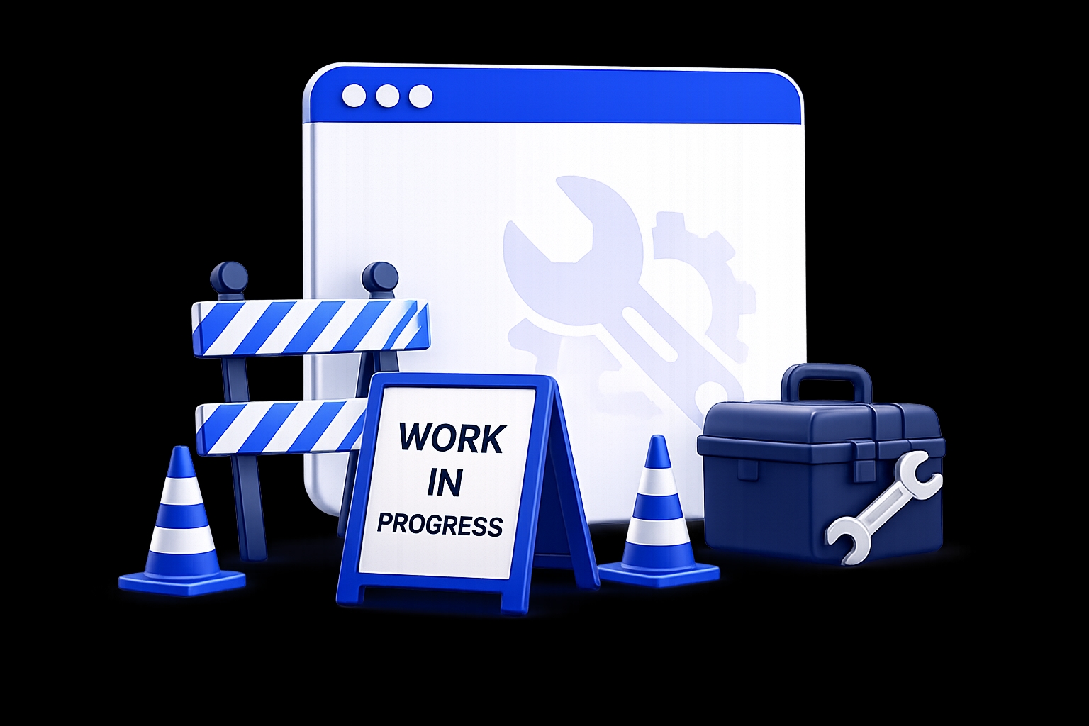 Browser window with road barriers, traffic cones, a “Work in Progress” sign and a toolbox