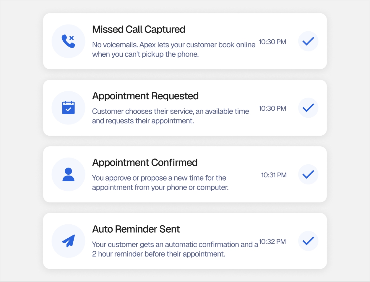 Apex dashboard capturing a missed call and auto-booking a confirmed appointment