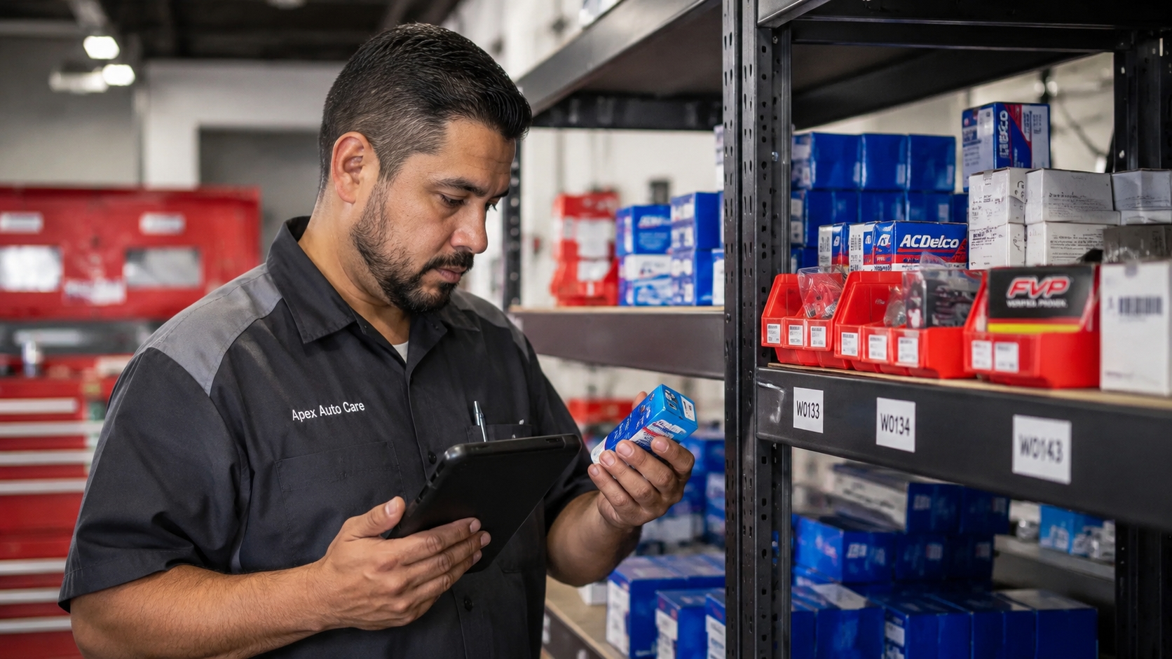 Two mechanics reviewing inventory on a clipboard in a workshop