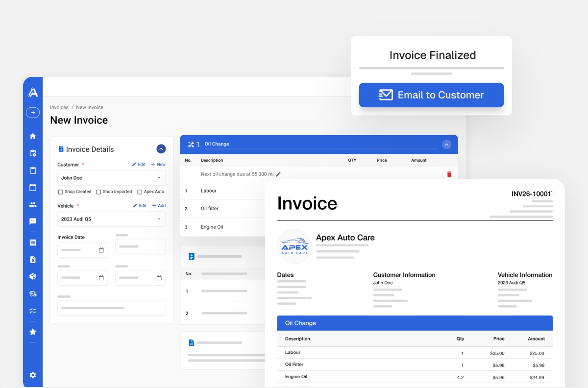 Auto repair invoice in Apex Mechanic with customer, vehicle, parts, and labour details.