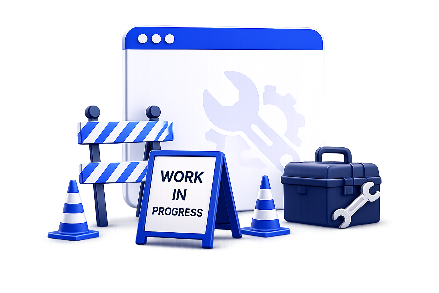 Browser window with road barriers, traffic cones, a “Work in Progress” sign and a toolbox