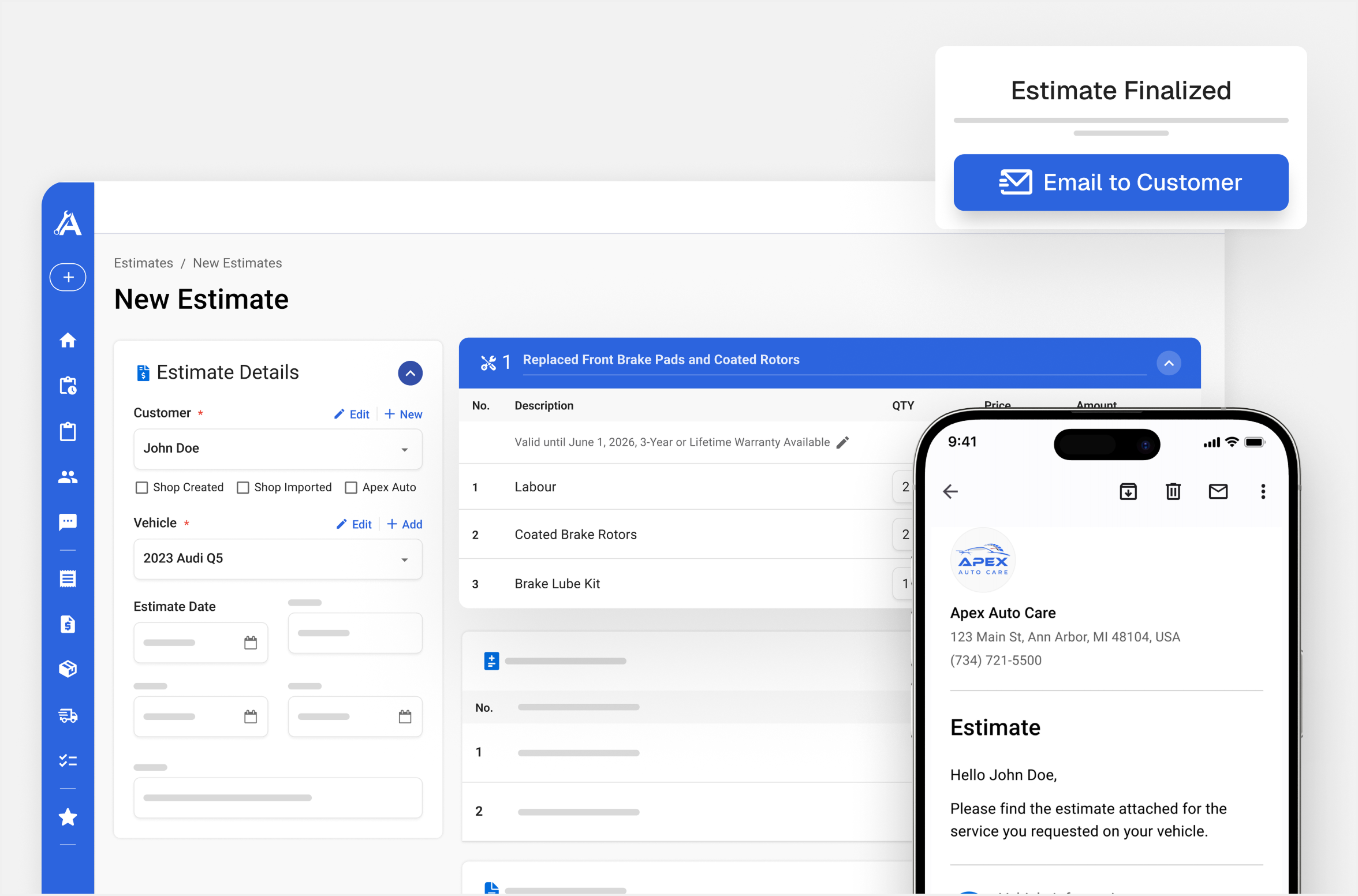 Apex Mechanic estimates dashboard showing a new estimate with line items and a customer-facing estimate on a phone