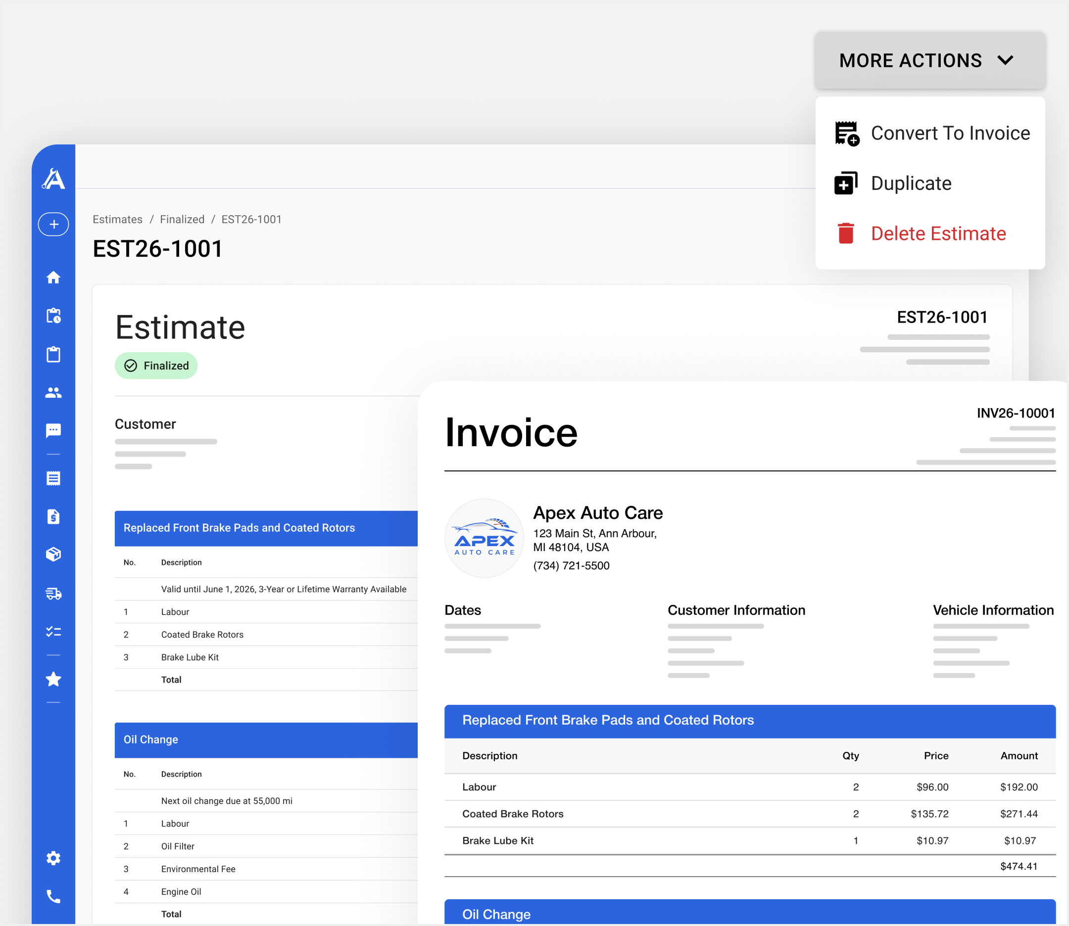 Apex Mechanic estimate converting into an invoice, with a More Actions menu showing the Convert To Invoice option