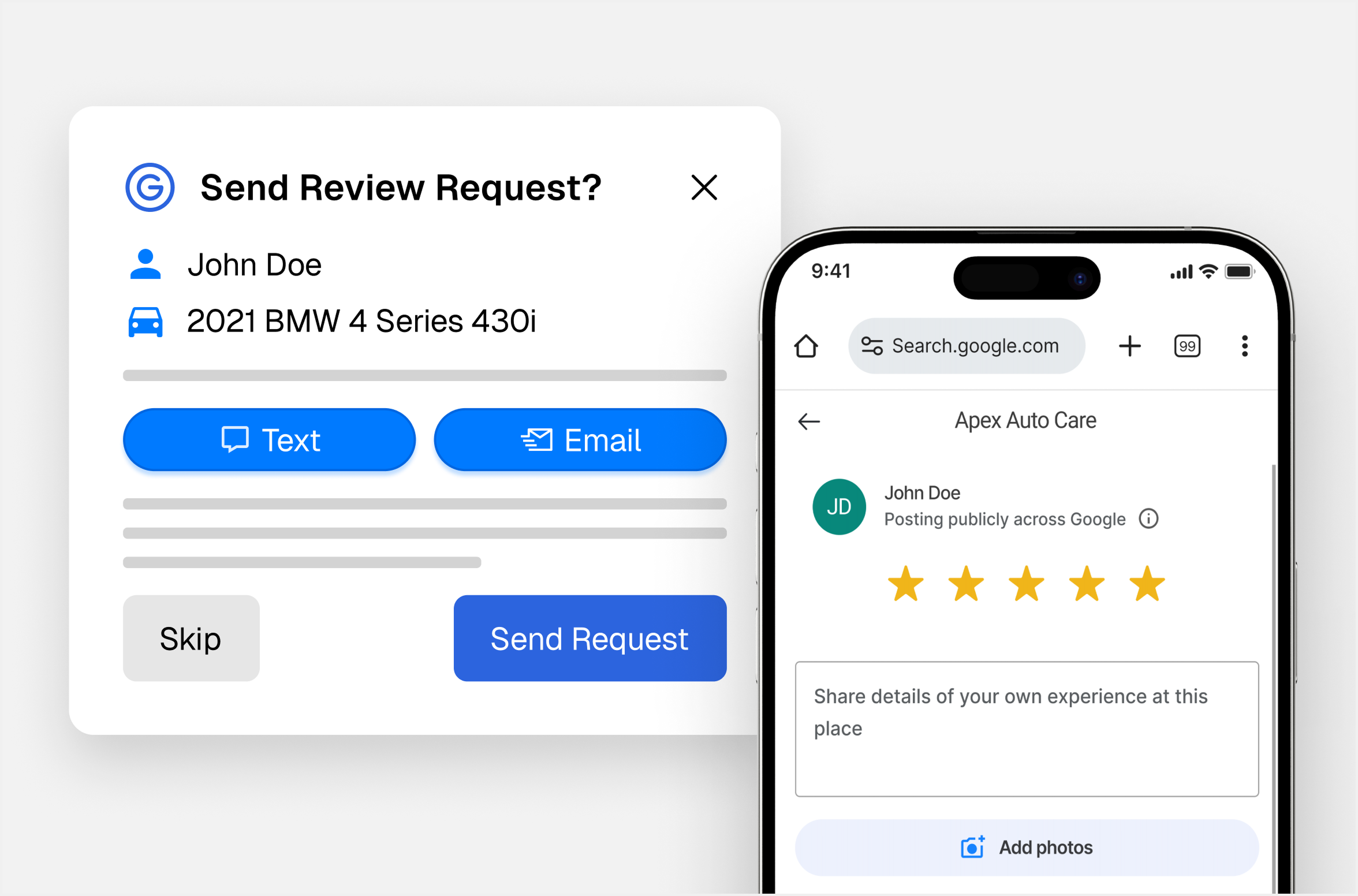 Customer leaving a Google review after an Apex Auto Care thank-you email