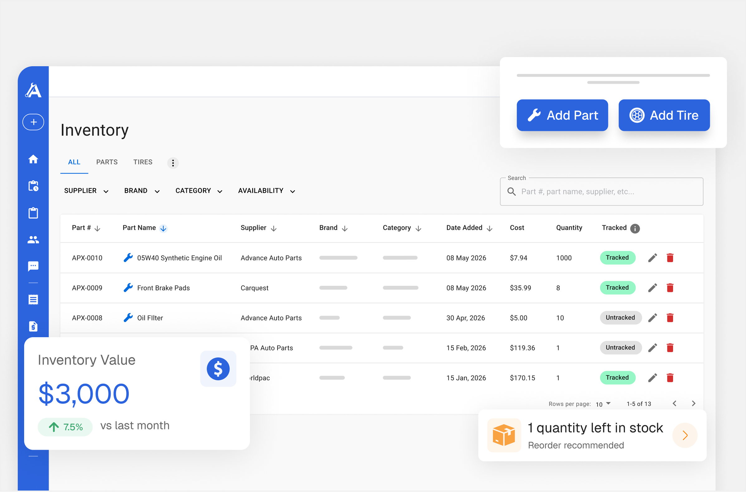 Apex Mechanic inventory dashboard showing the parts table, total inventory value, and a low-stock reorder alert