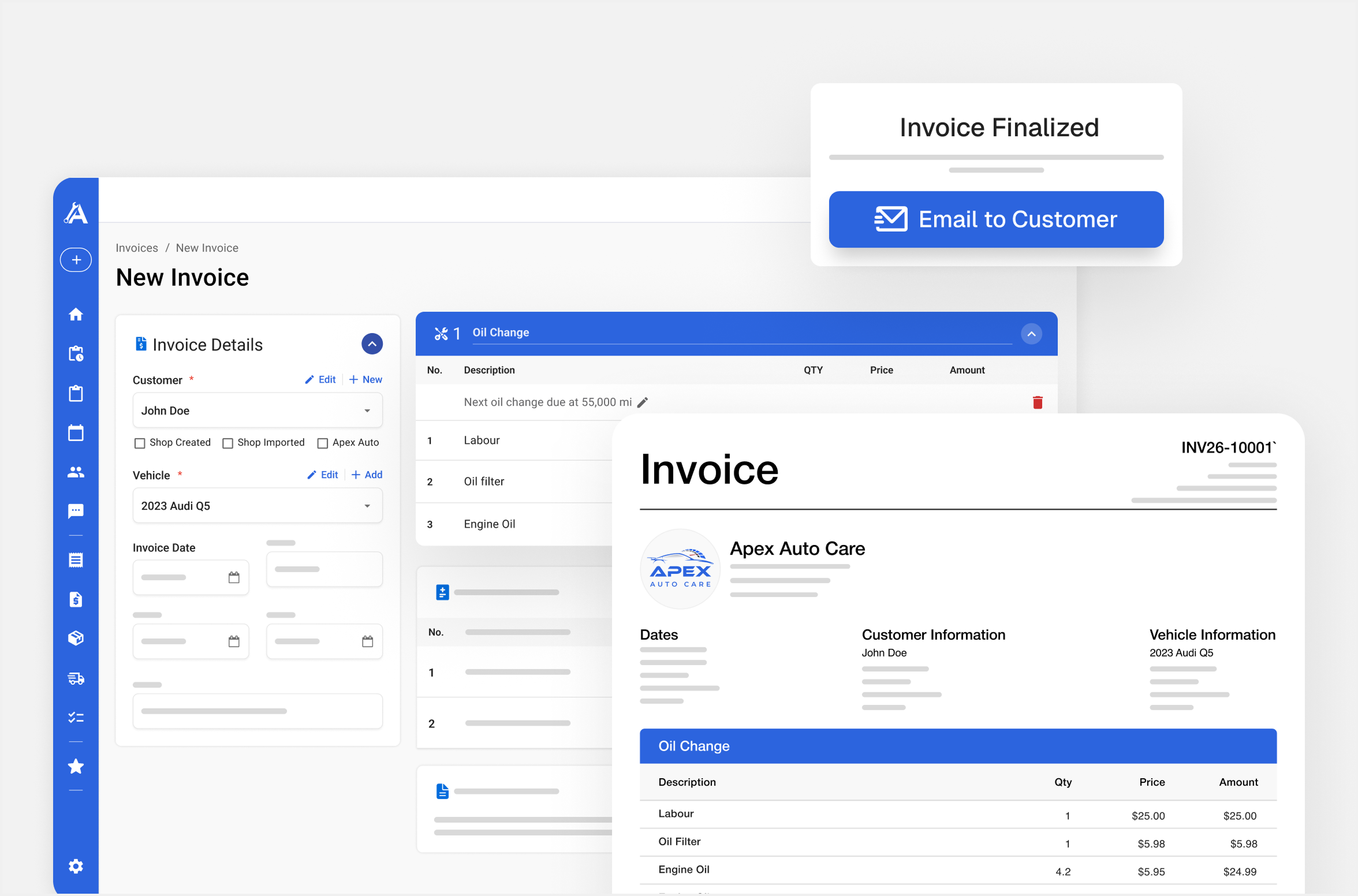 Apex Mechanic invoicing dashboard showing a new invoice, invoice details, and a customer-facing invoice